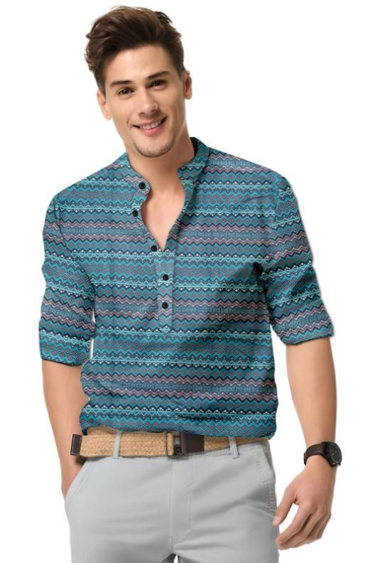 Men's Printed Spread Collar Casual Shirt Blue